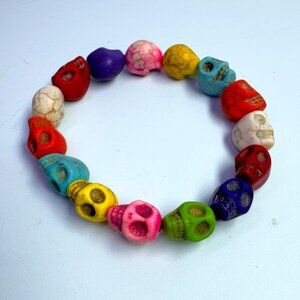 Multicolored Stretchy Skulls Skeleton Bracelet Beaded Howlite Stones Halloween
